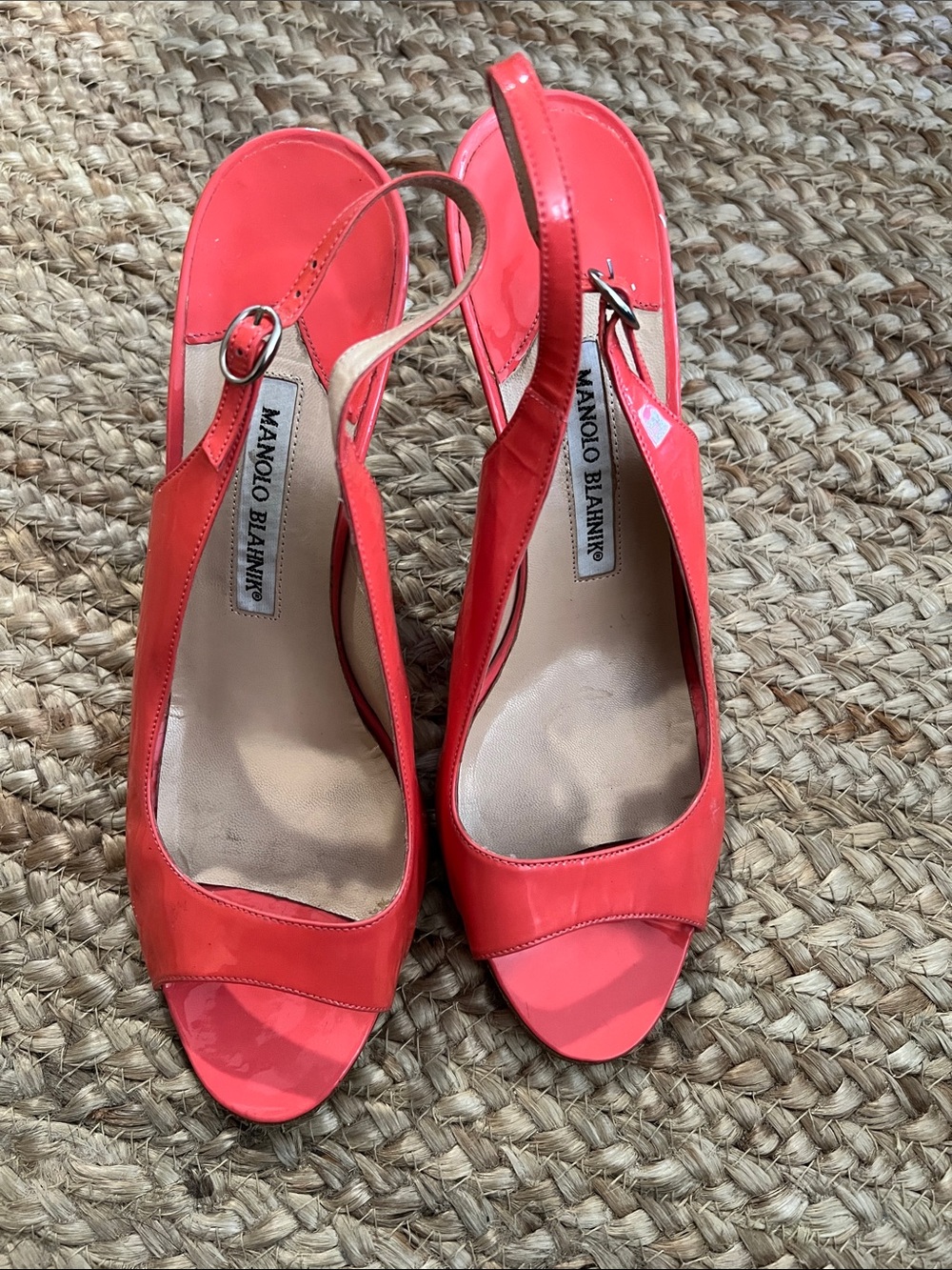 Manolo Blahnik Coral-Red Patent Slingback Peep-Toe Heels Size 39.5
